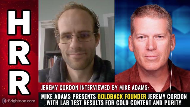 Mike Adams presents Goldback founder Jeremy Cordon with LAB TEST RESULTS for gold content and purity